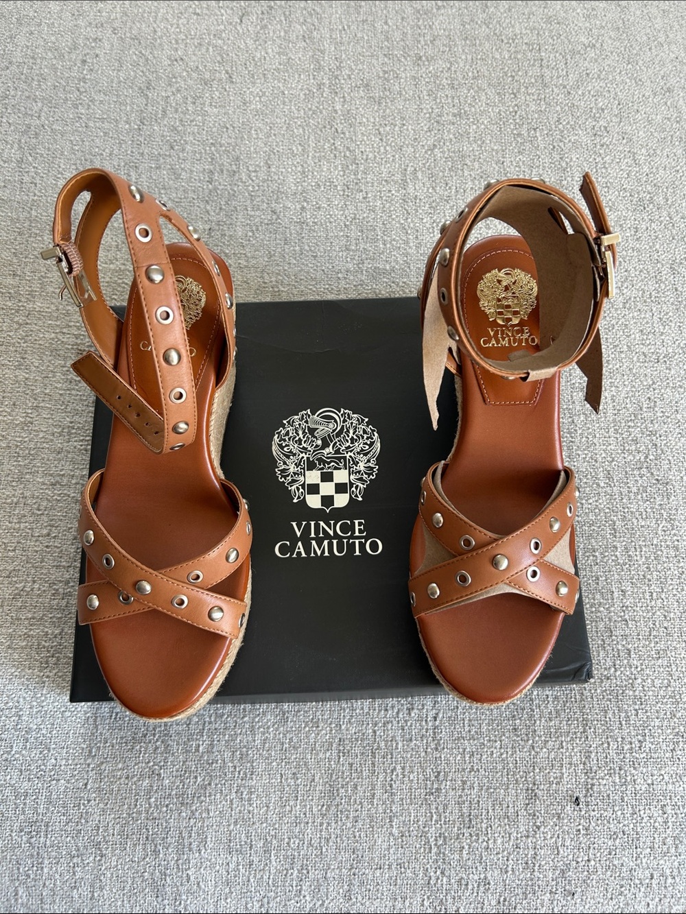 Vince Camuto Tan Leather Studded Ankle-Strap Sandals